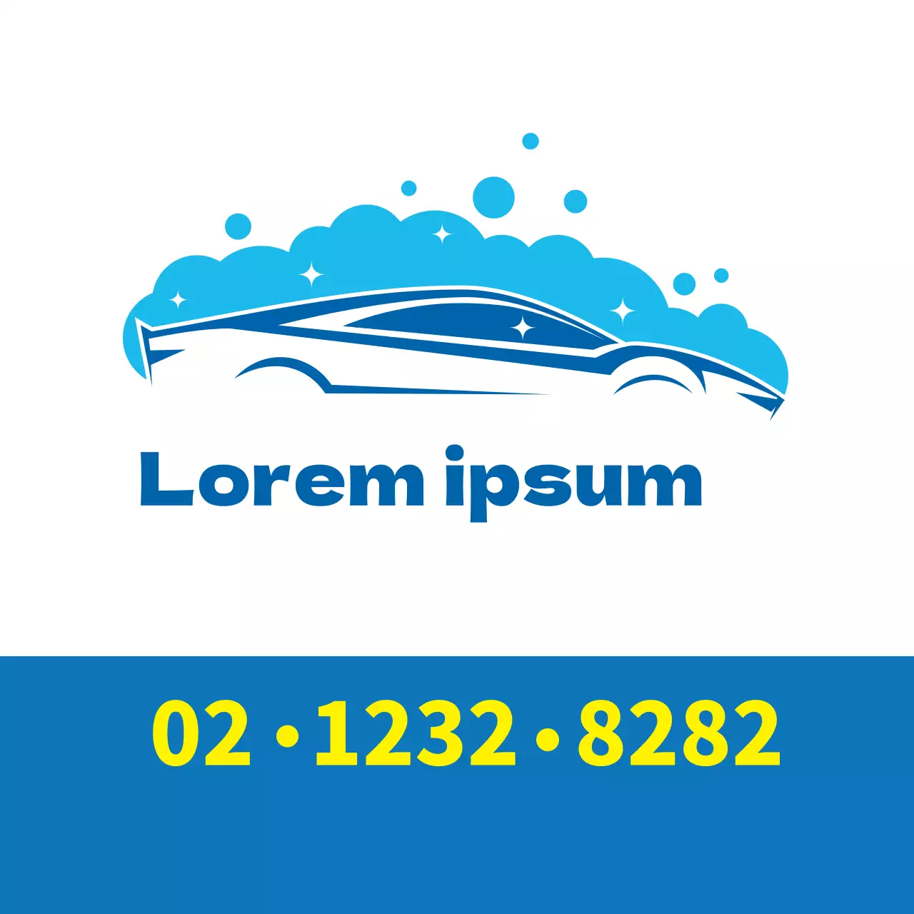 Illustrazione blu che promuove un autolavaggio pulito in un centro auto