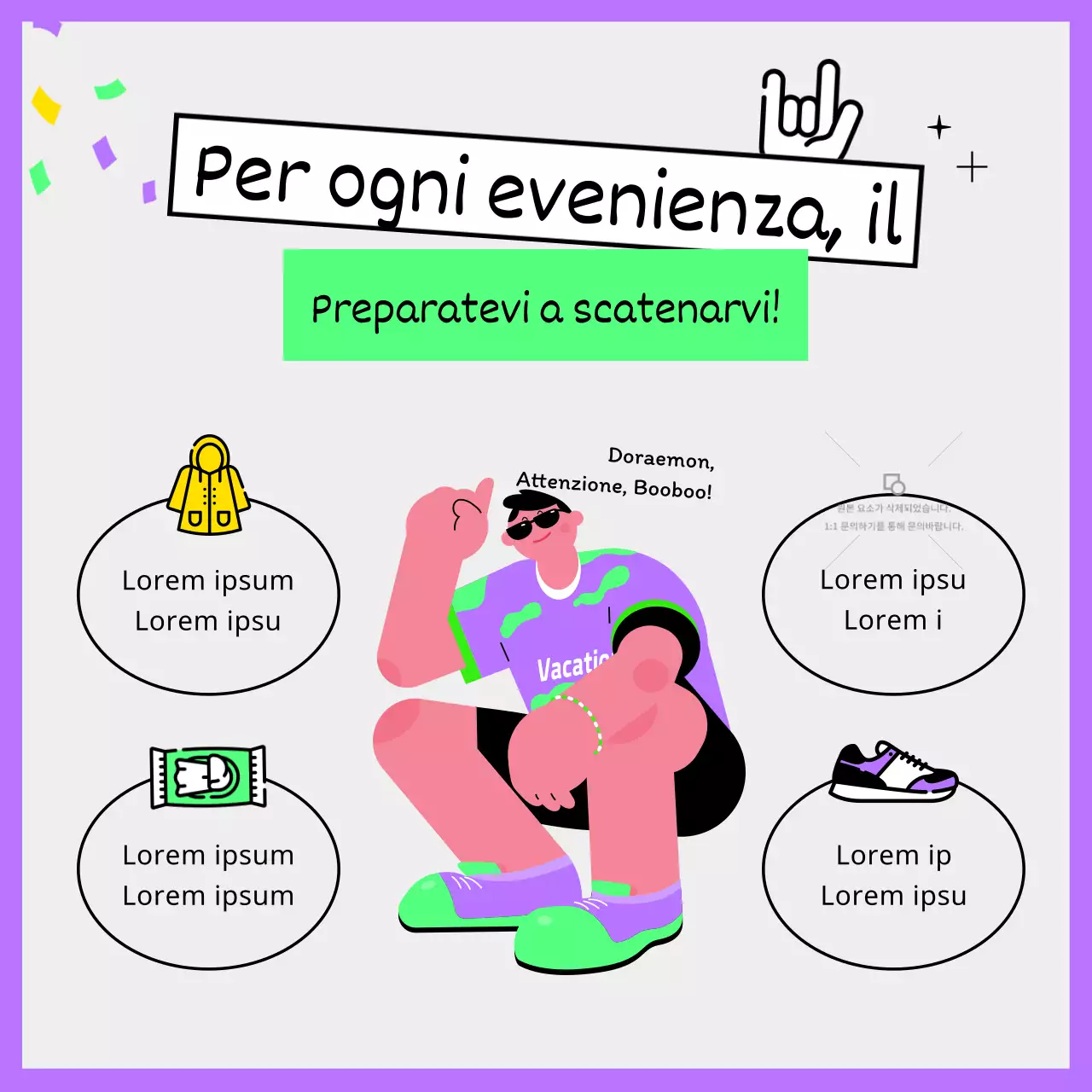 Guida per i festival estivi delle rock band con illustrazioni uniche e simpatiche in viola e chartreuse fluorescente.