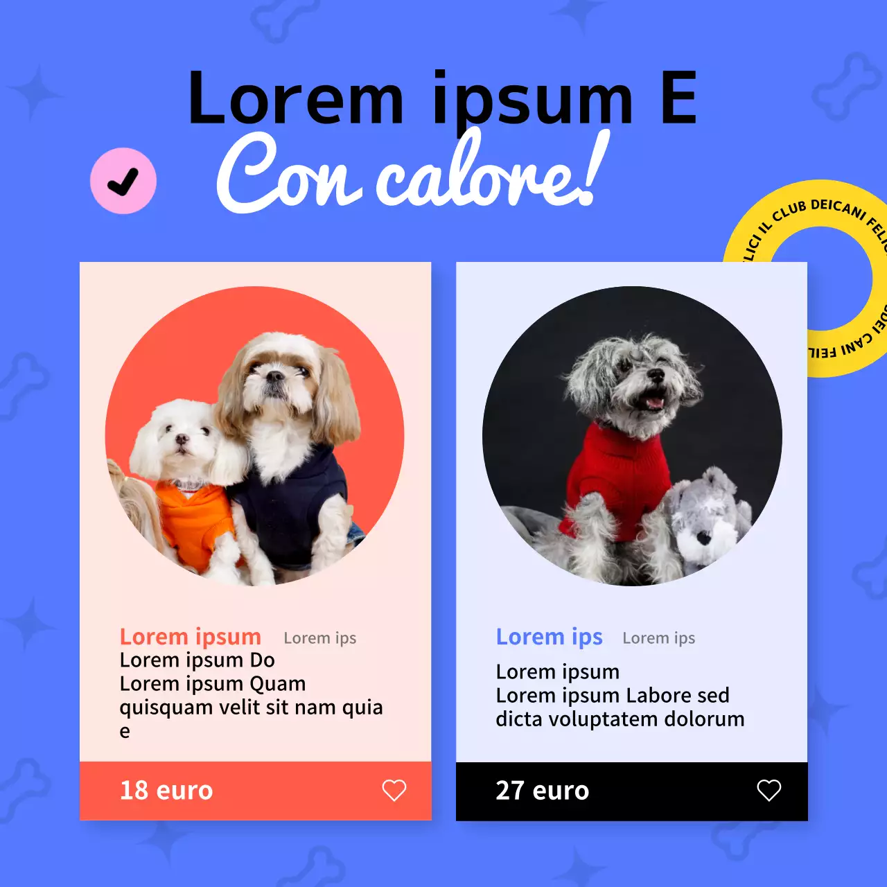 Modello per i social media di abbigliamento per cani blu e giallo rosa
