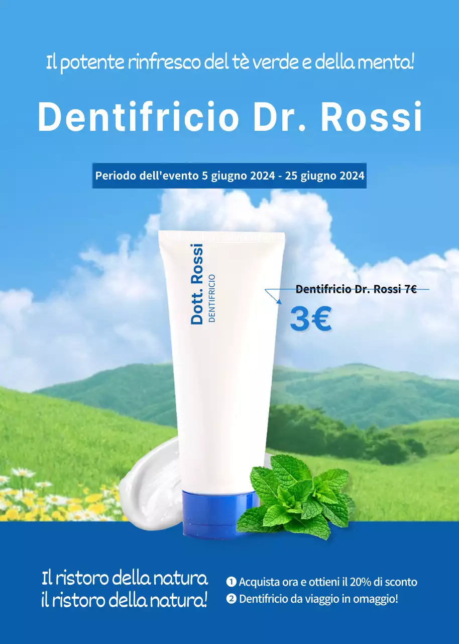 Promozione del dentifricio con sfondo blu e natura rinfrescante