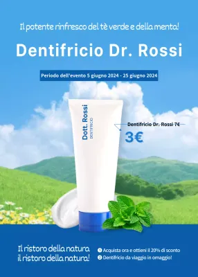 Promozione del dentifricio con sfondo blu e natura rinfrescante