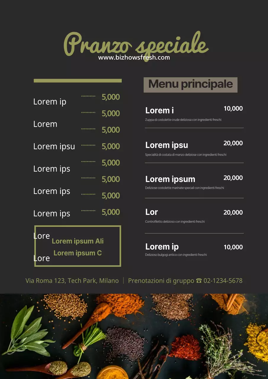 Menu del ristorante di pasta con foto di ingredienti in nero