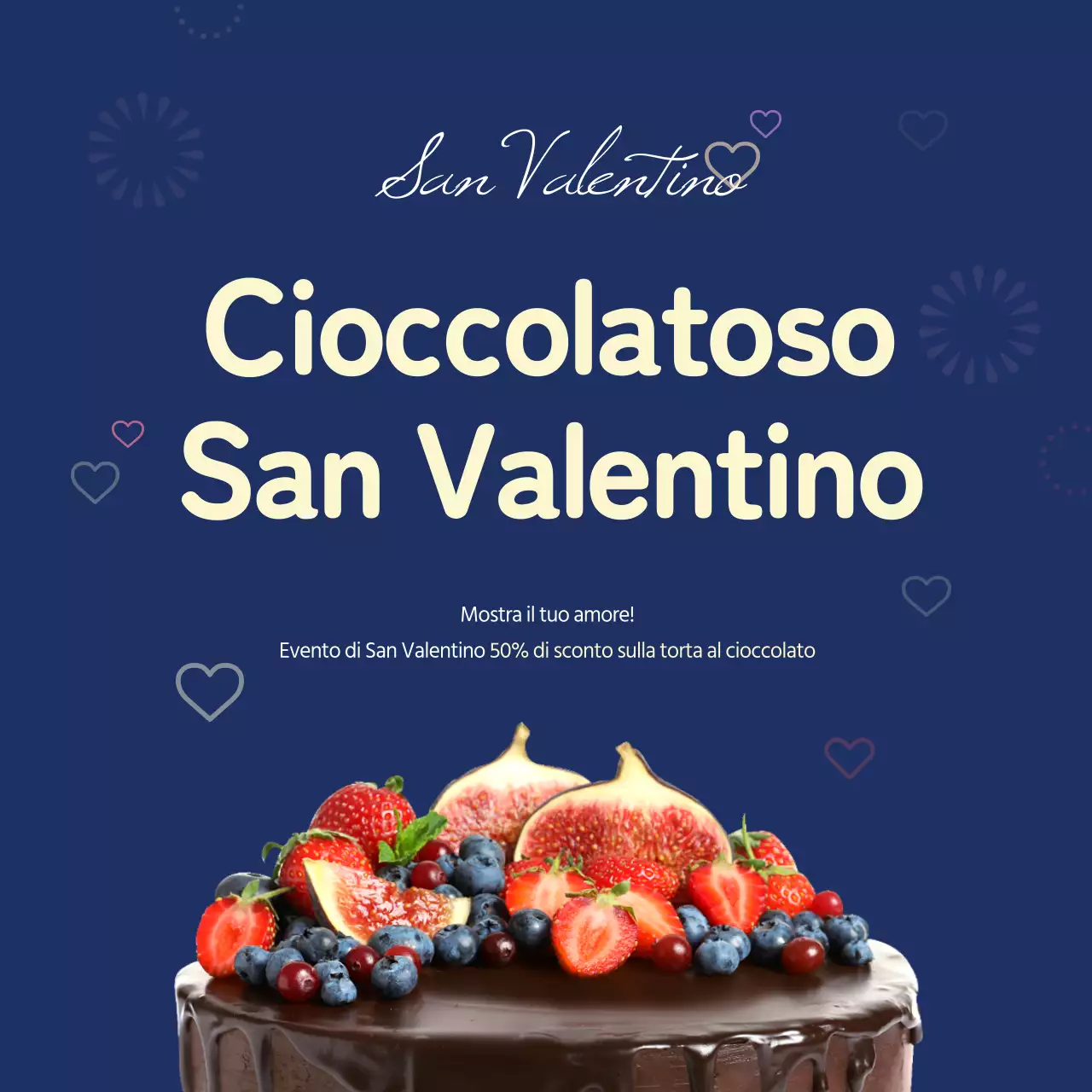 Una simpatica torta al cioccolato di San Valentino in blu e giallo