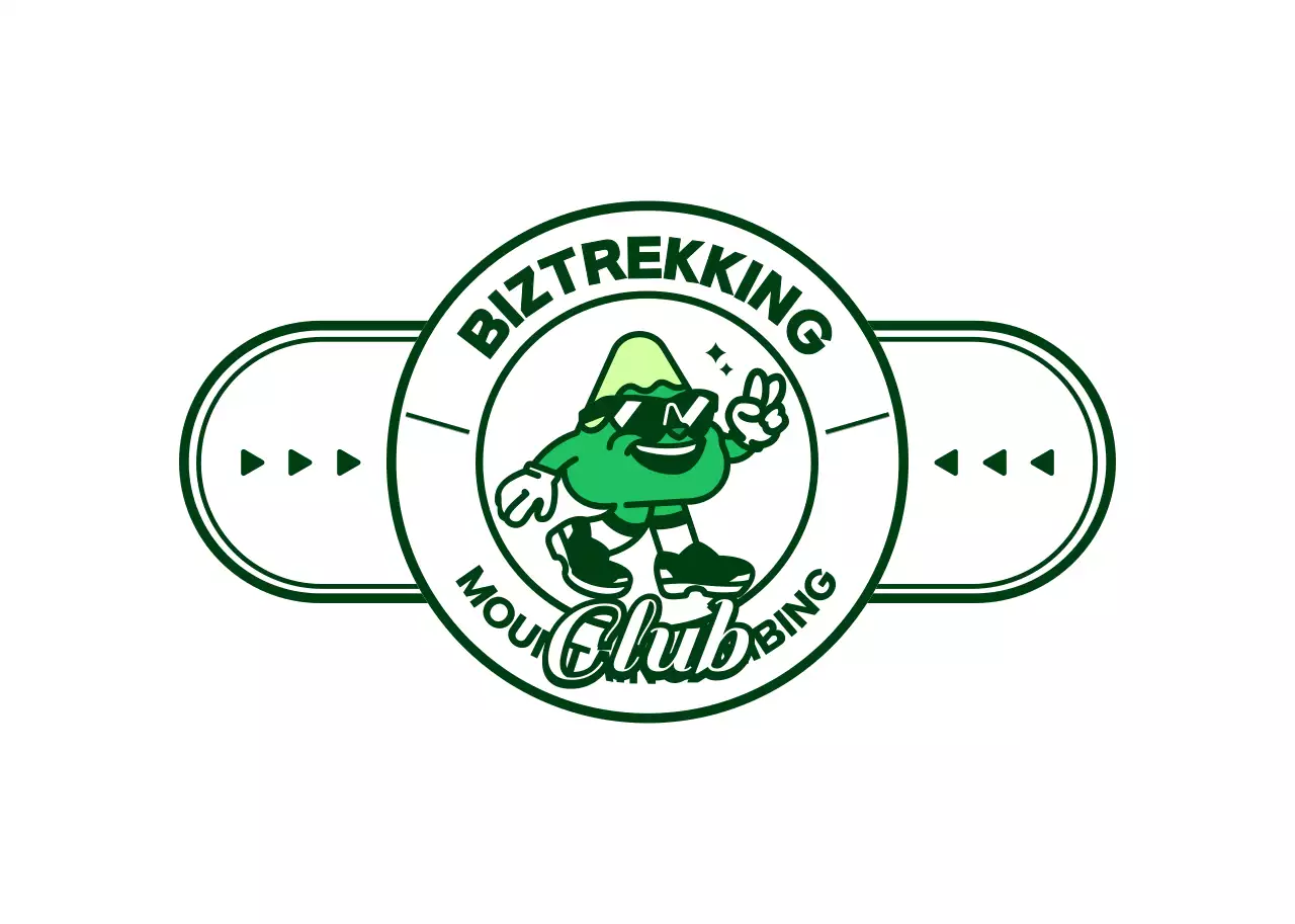 Logo-style club gift featuring a cute, hip mountain character in green and white.