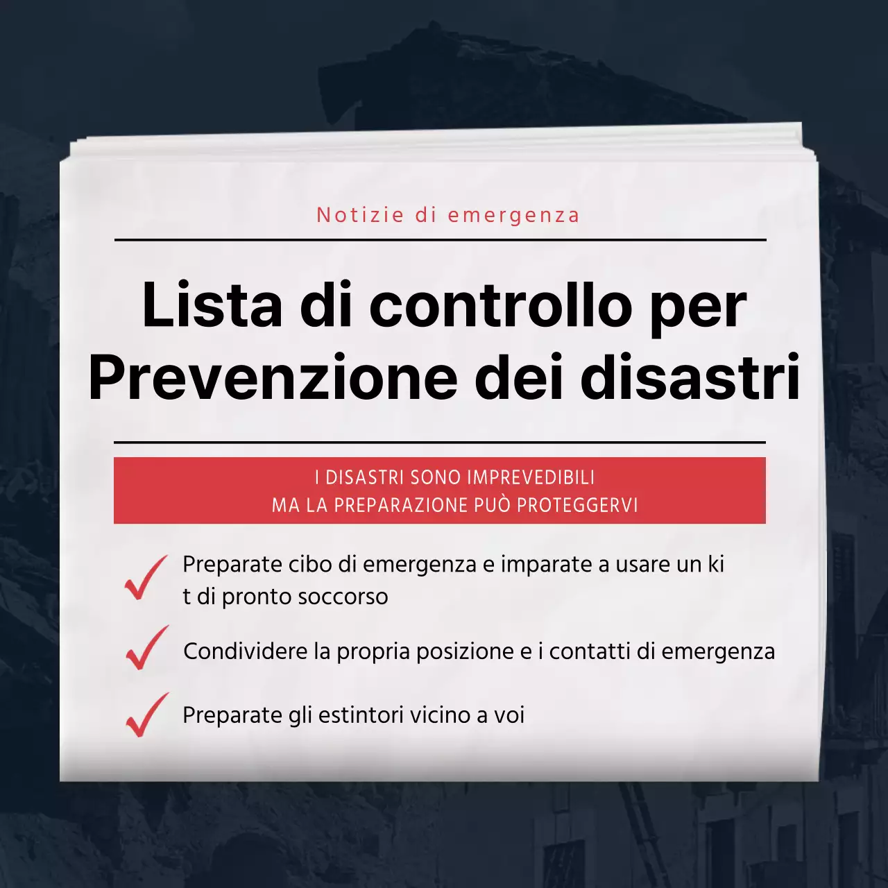 Lista di controllo per la sicurezza in caso di calamità in stile giornale blu navy e rosso