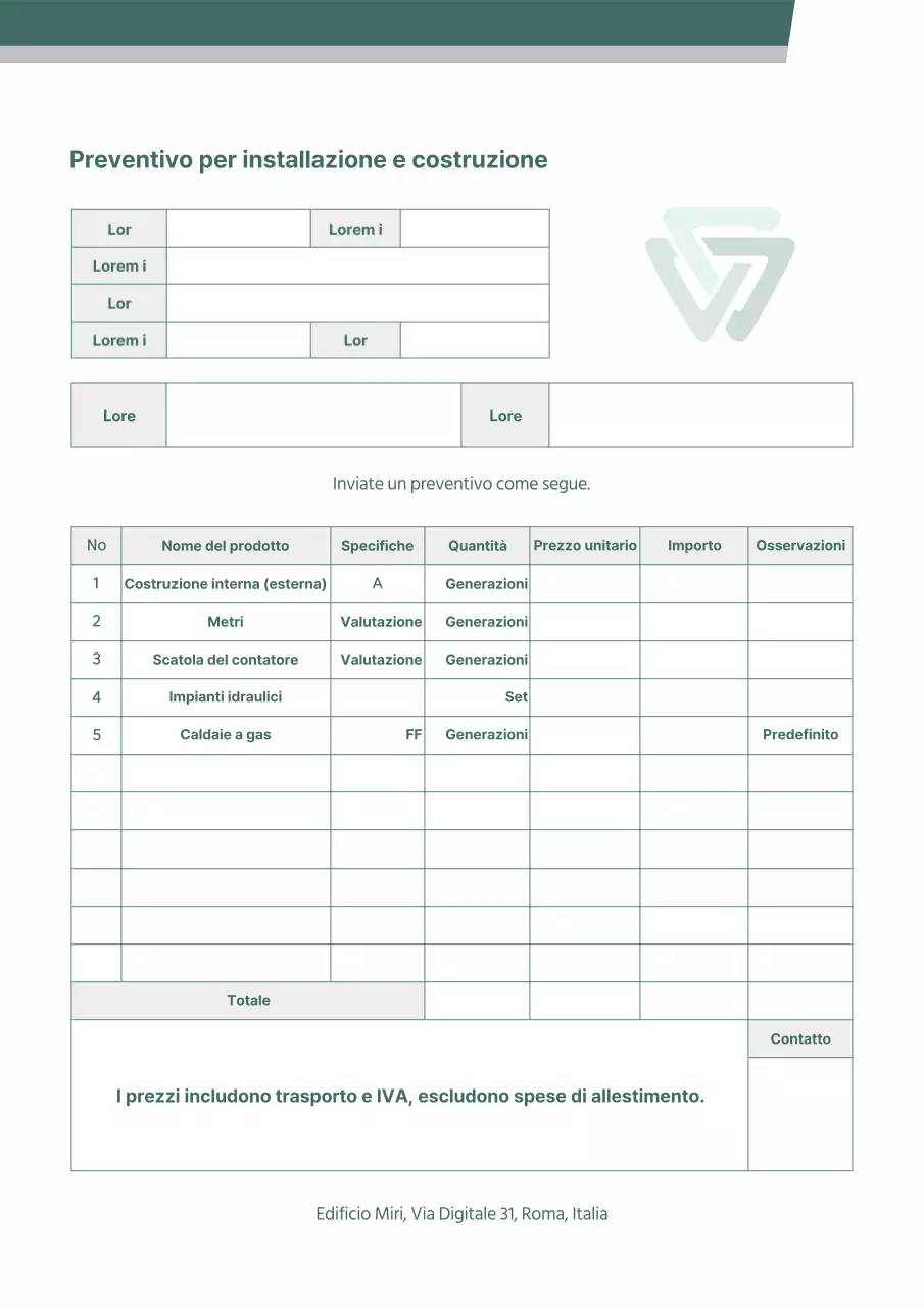 Formattazione della documentazione del preventivo di installazione aziendale verde e grigio