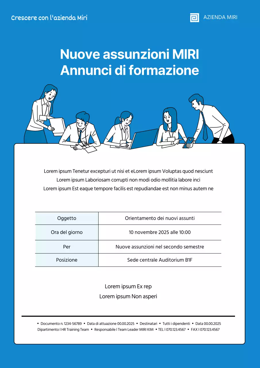 Annuncio di formazione per neoassunti illustrato in blu