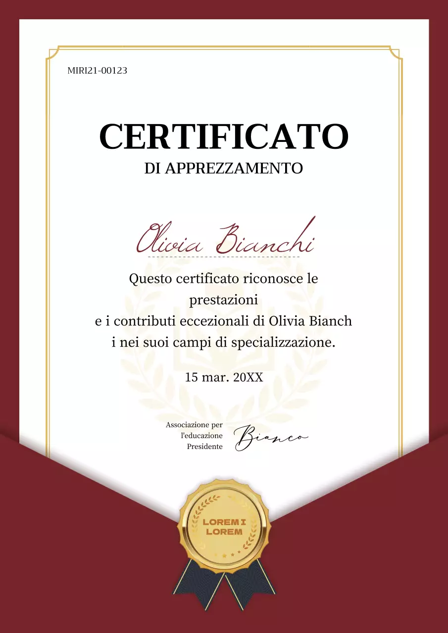 Un certificato che assomiglia a una busta di classe bianca e rossa