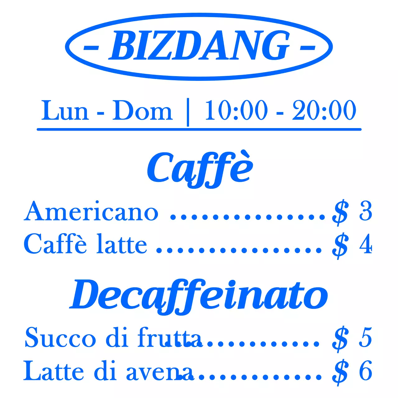Stile di layout semplice e pulito, allineato al testo, in blu e bianco, per la lavagna del menu di un bar per informazioni e promozione.
