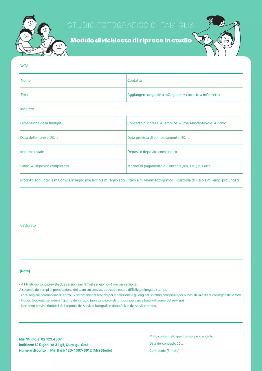 Modulo di richiesta per un servizio fotografico in studio di illustrazione color menta