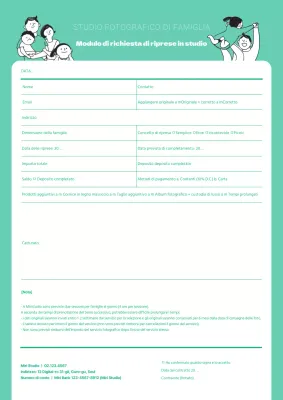 Modulo di richiesta per un servizio fotografico in studio di illustrazione color menta
