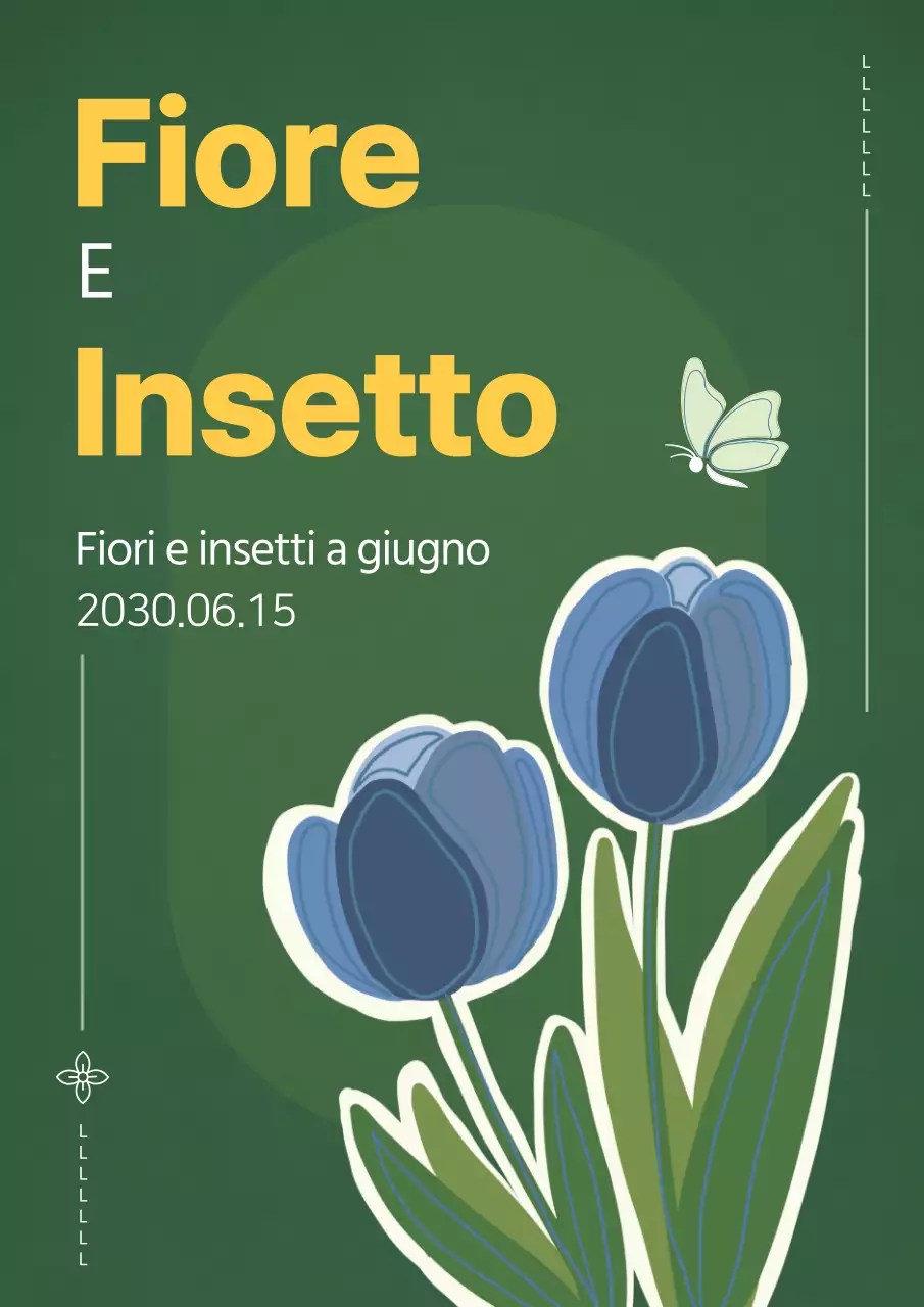 Webposter verde e giallo che promuove l'esperienza di ecologia dei fiori e degli insetti