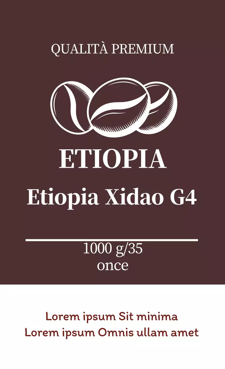 Etichetta in chicchi di caffè ordinata con illustrazione marrone