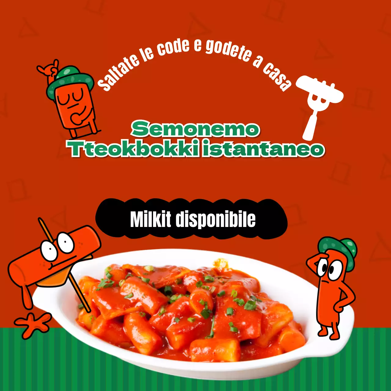 Promozione del lancio di un simpatico kit di pasti istantanei di tteokbokki rosso e verde