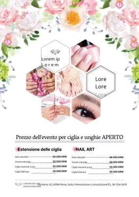 Concetto romantico di evento aperto con illustrazioni floreali rosa e foto di nail art