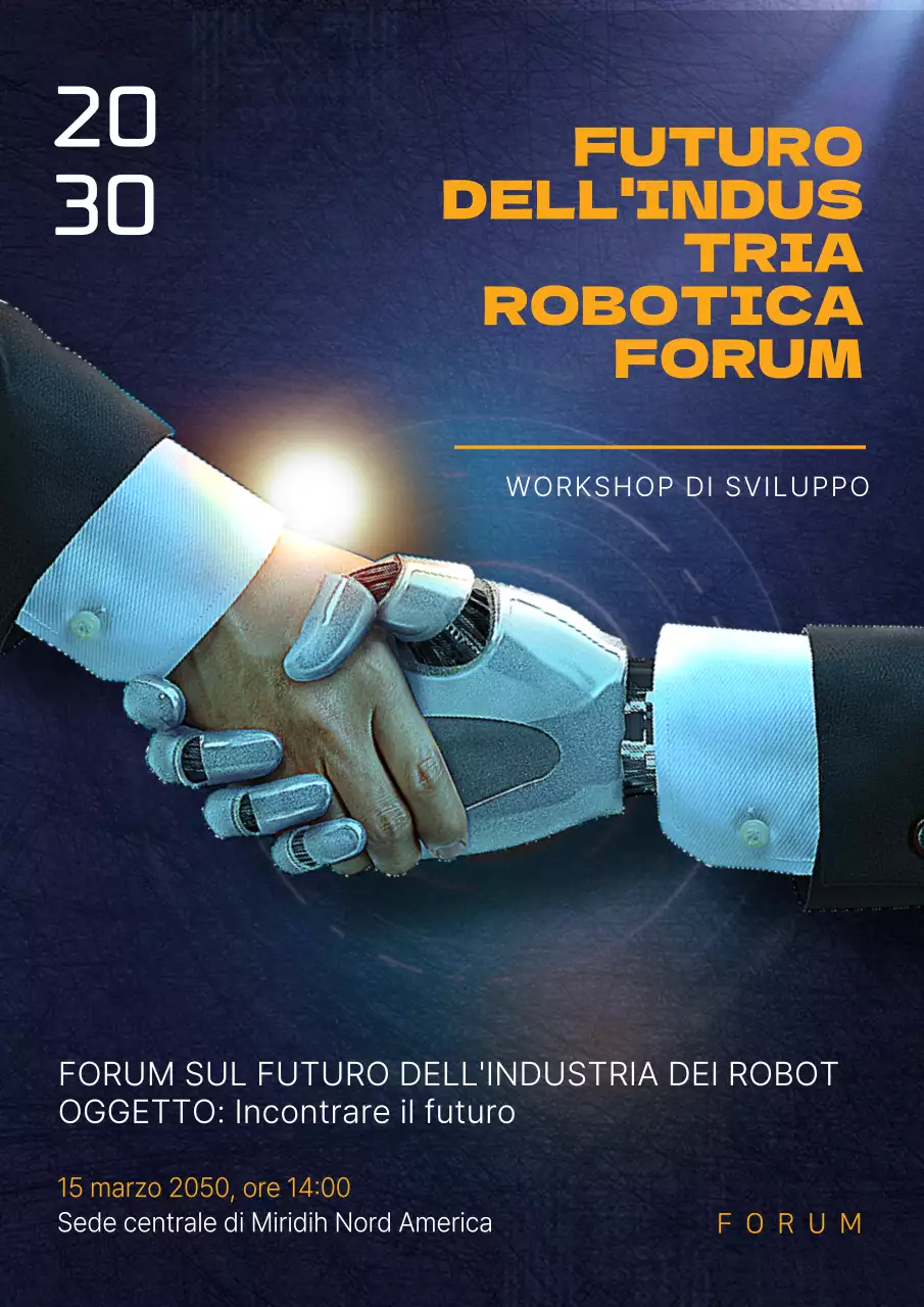 Poster di un forum di ricerca sulla robotica che mostra un robot e un umano che si stringono la mano su uno sfondo blu navy con texture granulosa.
