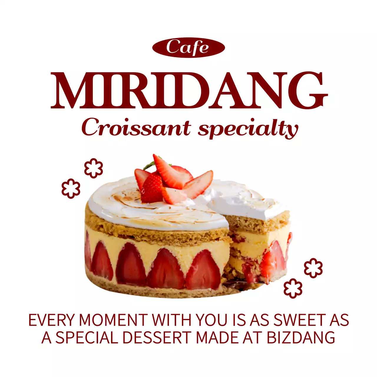 Simple, emotional text in purple and white with a photo of a dessert for cafe promotions and merchandise.