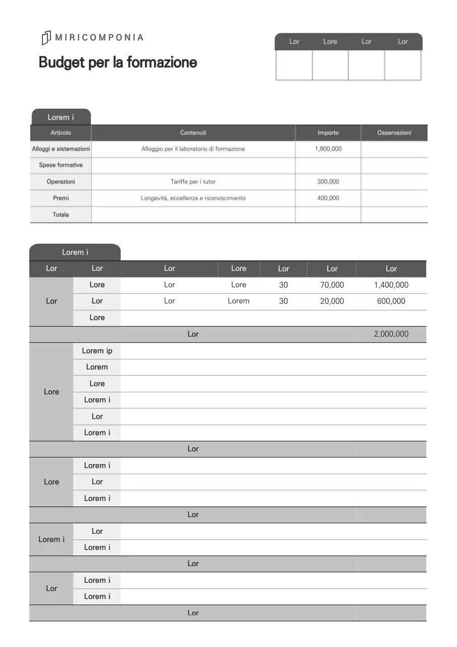 Un documento di proposta di bilancio pulito e di tipo commerciale in tonalità grigie