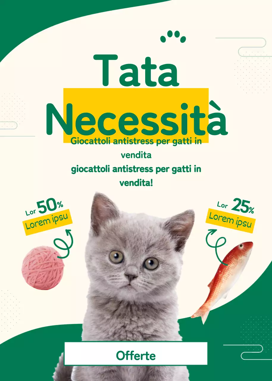 Annuncio di un evento con un simpatico giocattolo per gatti verde e giallo