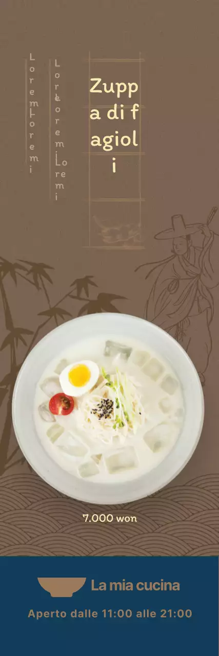  Menu estivo con sfondo marrone scuro e illustrazioni orientali