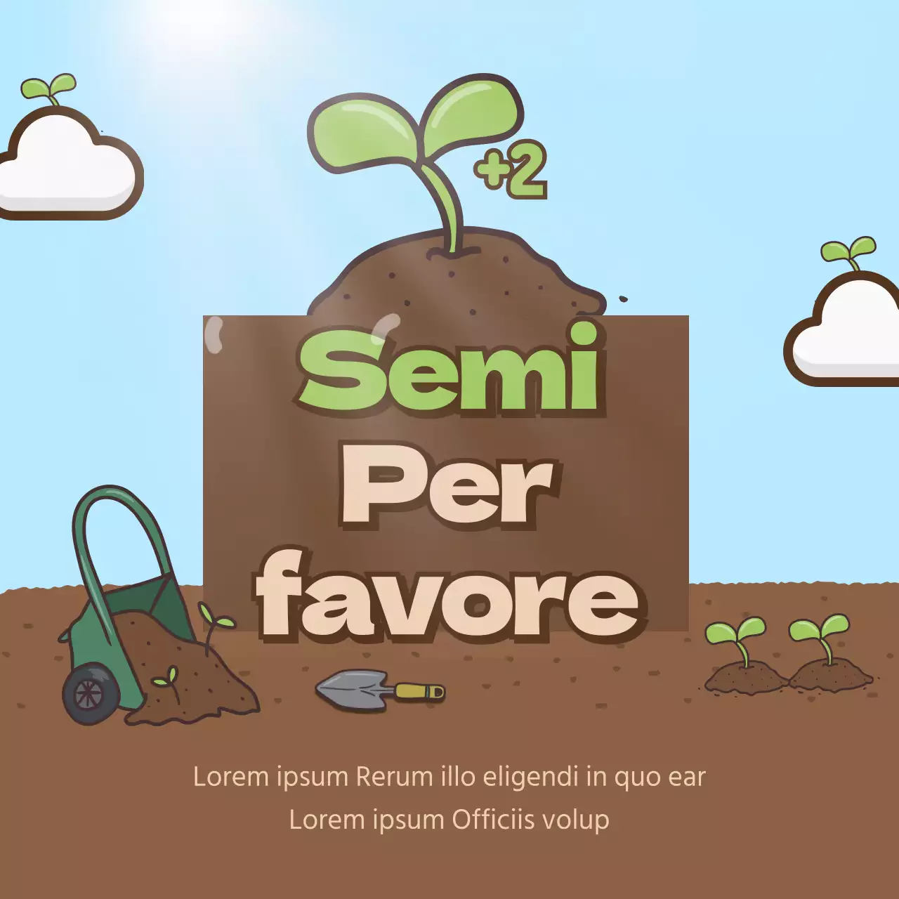 germoglio, illustrazione, giorno del pergolato, albero, terreno, concime, nuvole, cielo, luce solare, sole, pala, carta intestata, titolo, titolo, fiore, striscione