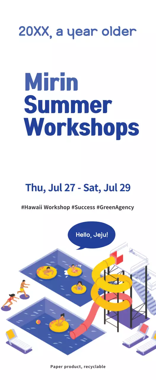 Gaya ilustrasi sederhana dengan warna biru tua dan biru muda Informasi tentang lokakarya musim panas