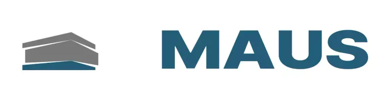 Architectural office symbol in gray and turquoise with logo and business name