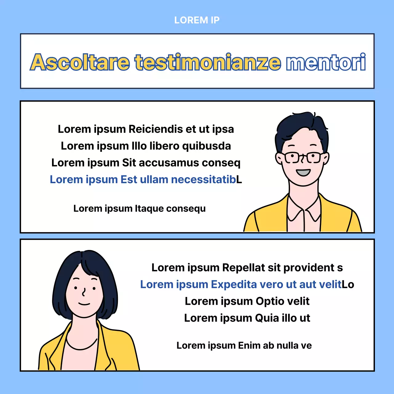 Centro moderno per i percorsi giovanili, blu e giallo, reclutamento di tutoraggio