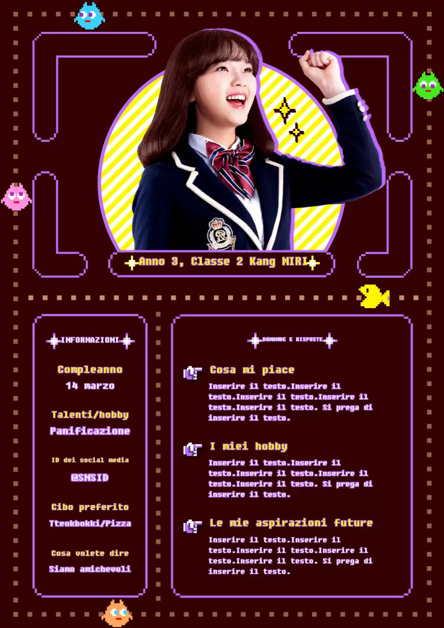 Un simpatico concetto di gioco classico in rosso, marrone, viola e giallo.