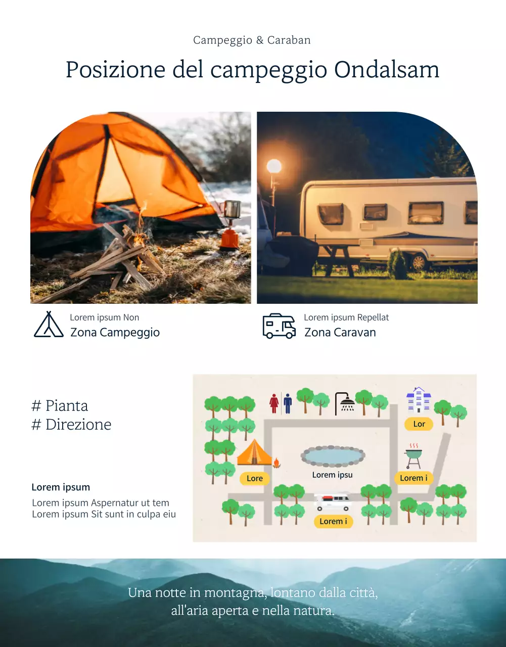 Pagina di dettaglio del campeggio navy e dark