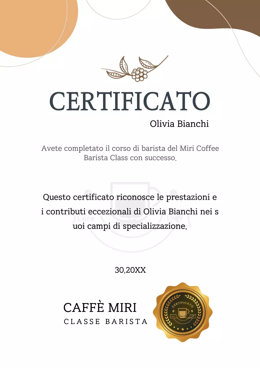 Certificato di formazione per baristi Certificato di formazione Associazione caffè Modello di documento aziendale