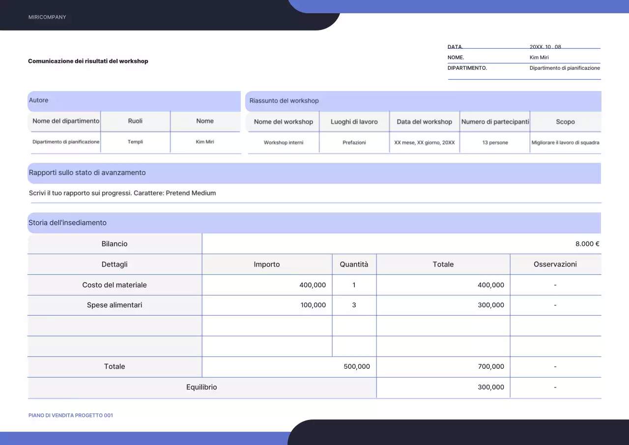 Relazione sui risultati del workshop con un concetto semplice e arrotondato in nero e blu