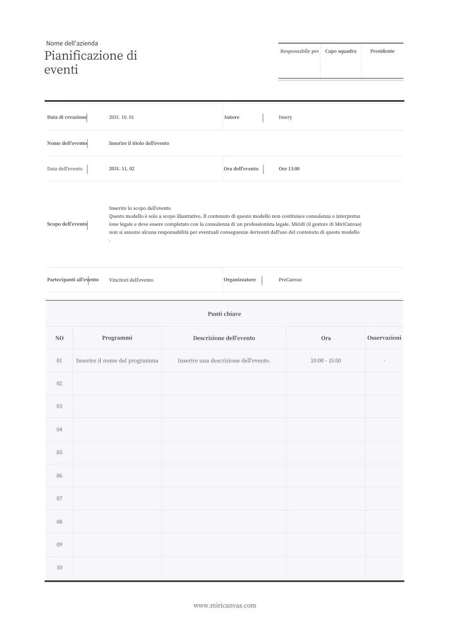 Una semplice tabella di pianificazione eventi in blu marino