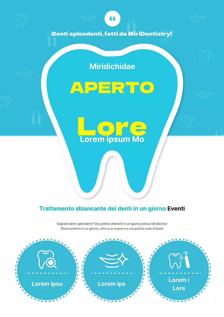 Evento dentale aperto e ordinato con illustrazioni blu a forma di dente