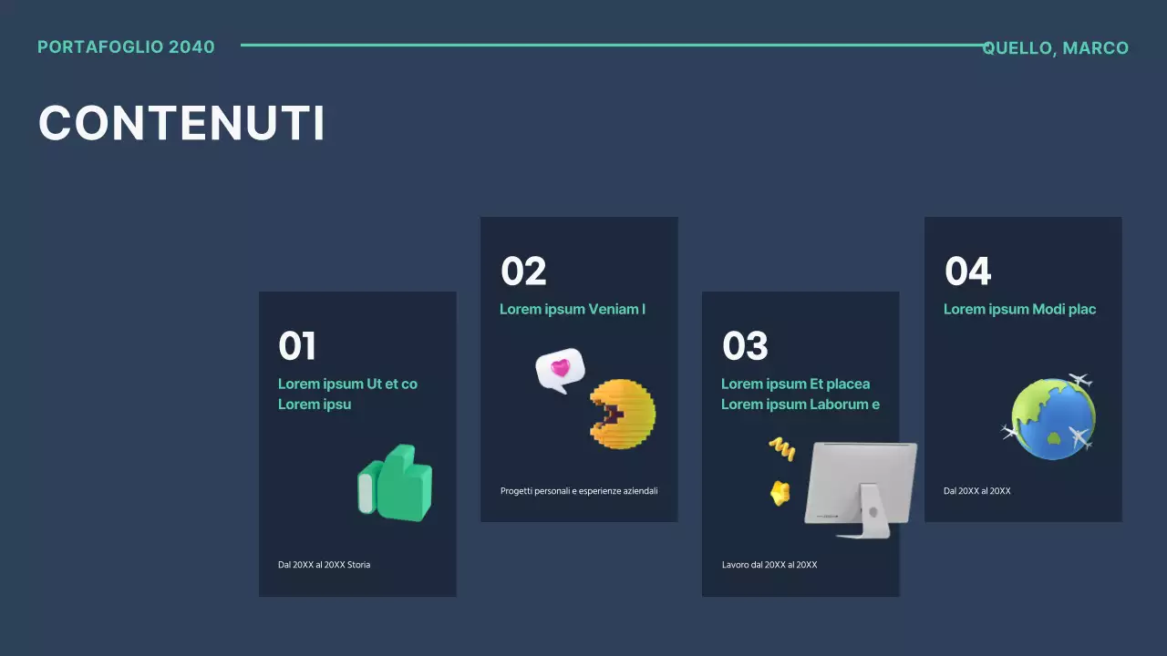 Semplice portfolio per marketer con immagini 3D di menta e blu navy