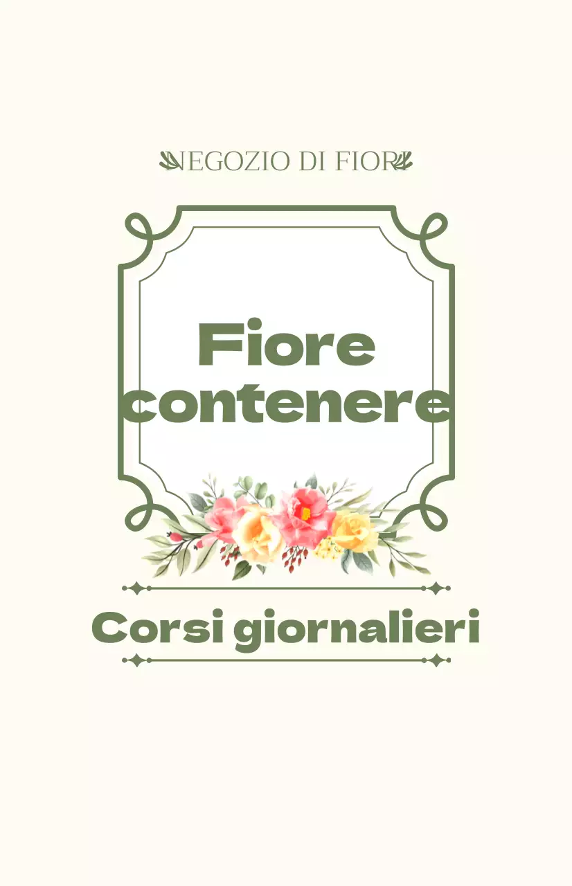 Promuovere un corso di un giorno con testo verde e avorio e illustrazioni floreali.