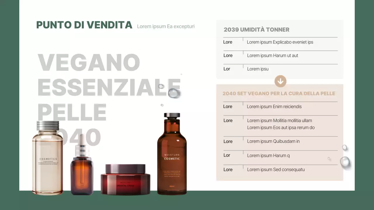 Presentazione di un'offerta di prodotti cosmetici vegani naturalistici e dai toni verdi