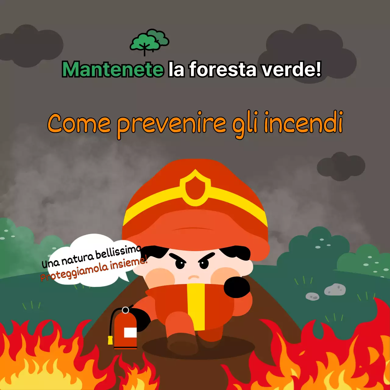 Consigli per la sicurezza antincendio per gli incendi della stagione secca in aprile, in arancione, rosso e verde, con un'illustrazione semplice, leggibile e simpatica come un poster.