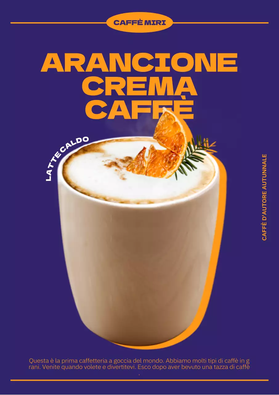 Un menu autunnale per il caffè con un tocco di colori complementari, un layout di caratteri audaci e una fotografia del caffè.