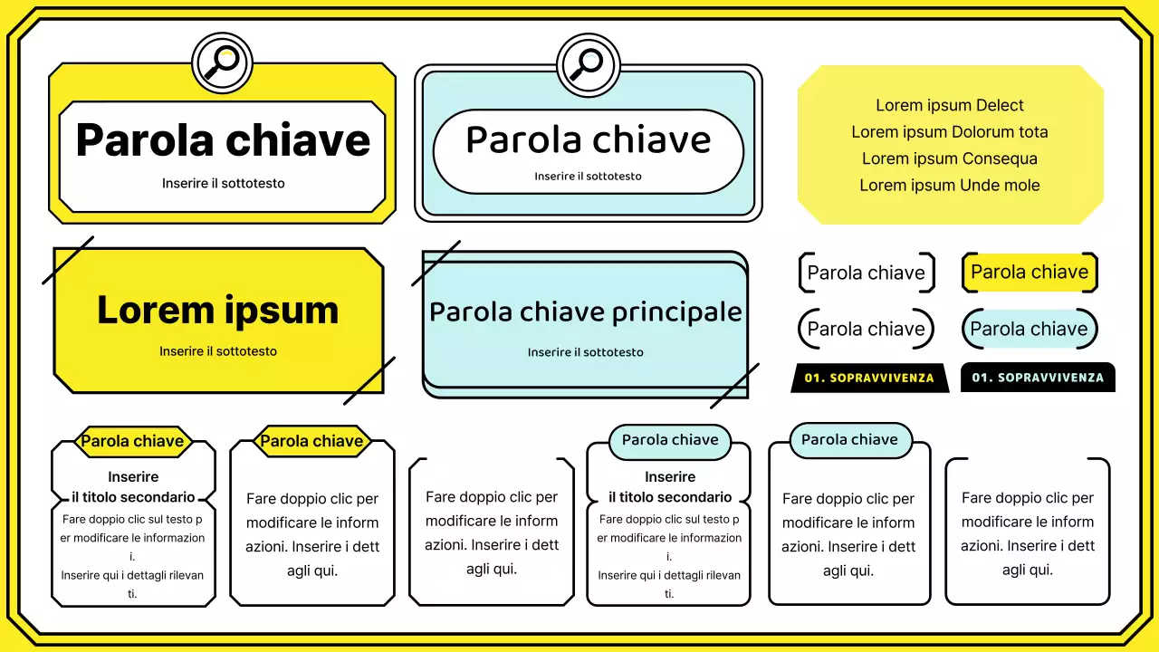 Evidenziate le parole chiave con un semplice stile a linee in giallo e menta.