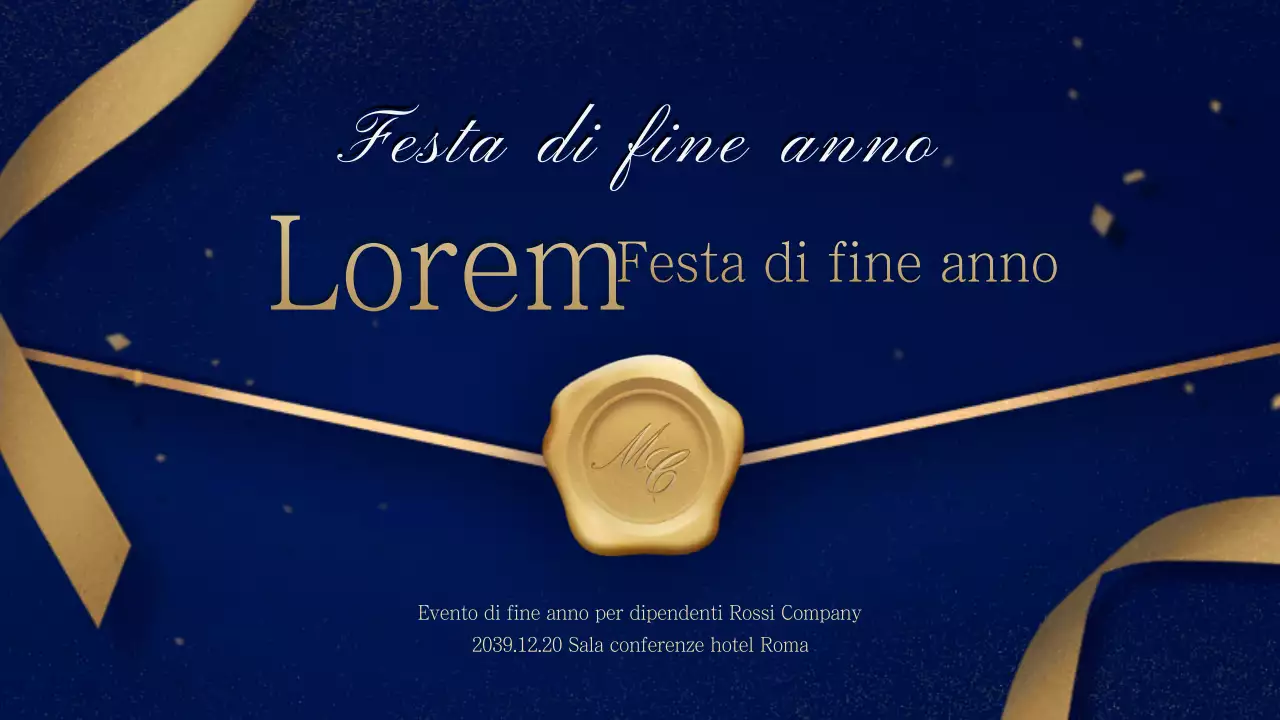 Un invito dorato e blu per una festa di fine anno con un ordine di servizio cerimoniale