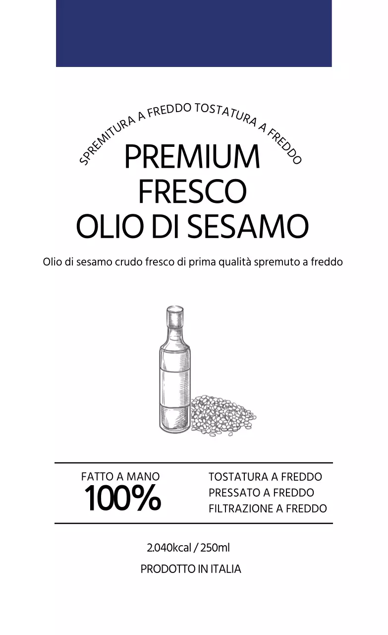 Etichetta informativa sull'olio di sesamo semplice bianco blu navy