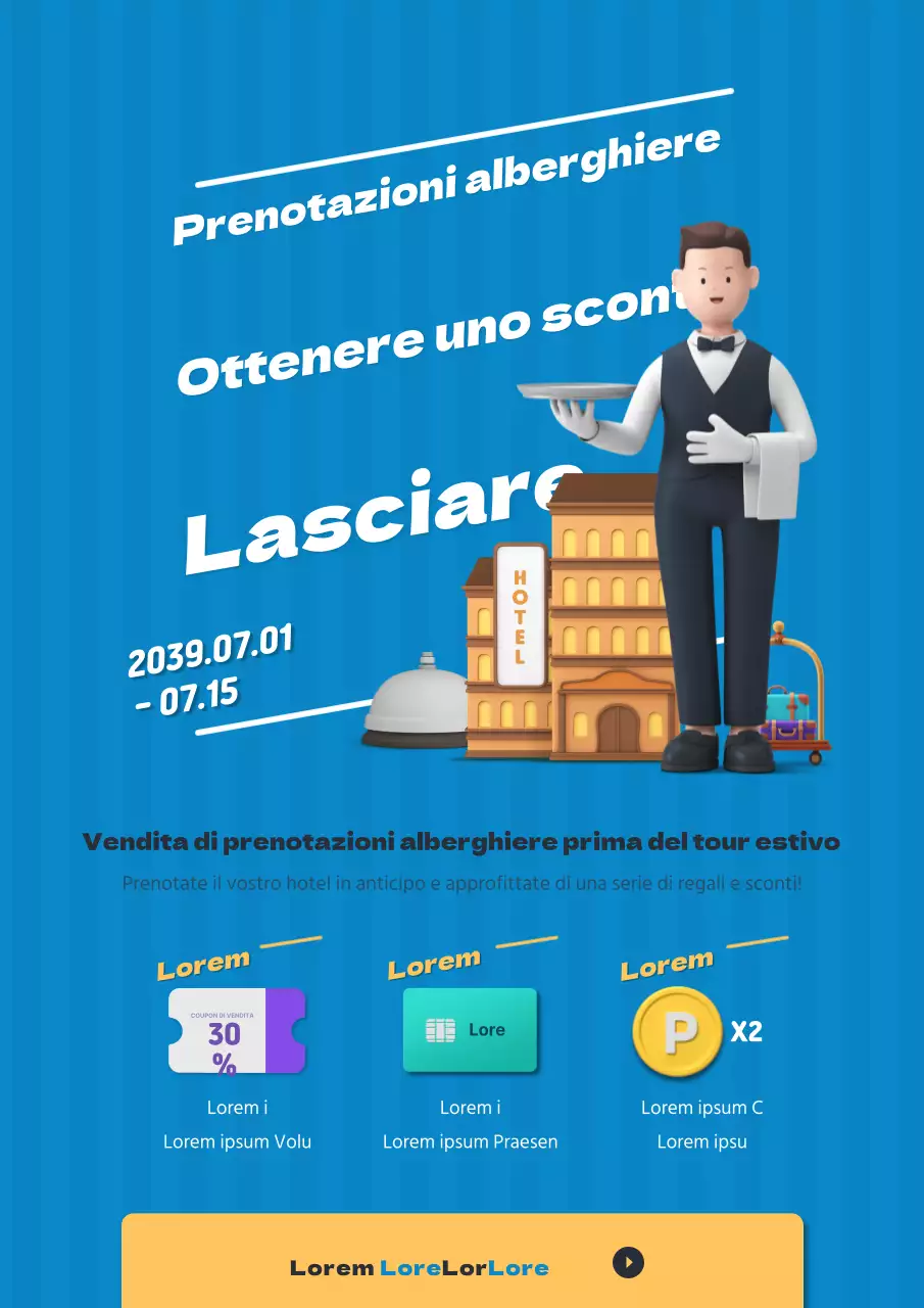 Promuovete il vostro evento di prenotazione alberghiera per agenti di viaggio con un personaggio blu in 3D