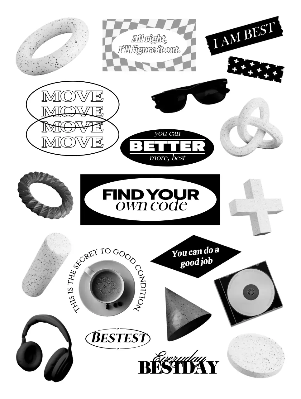 A variety of objects and text in a black and white, hip concept.