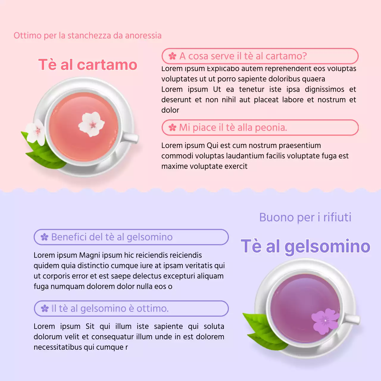 Le illustrazioni fresche e gialle forniscono informazioni sui tè di fiori primaverili
