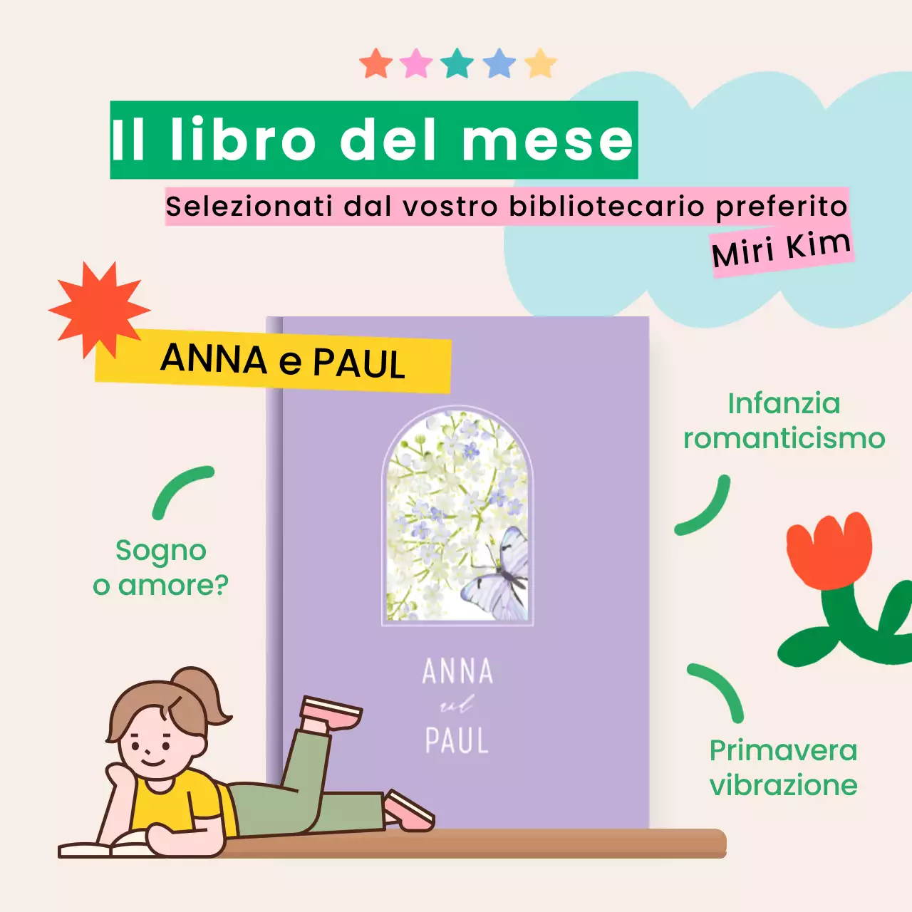 I libri consigliati questo mese con uno sfondo beige e un tema simpatico e luminoso V1