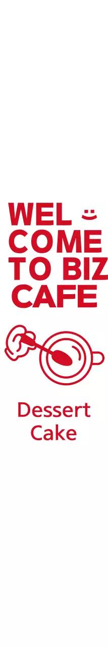 Ilustrasi dan teks yang sederhana dan lucu dengan warna merah berpadu untuk menciptakan sebuah kafe yang penuh gaya