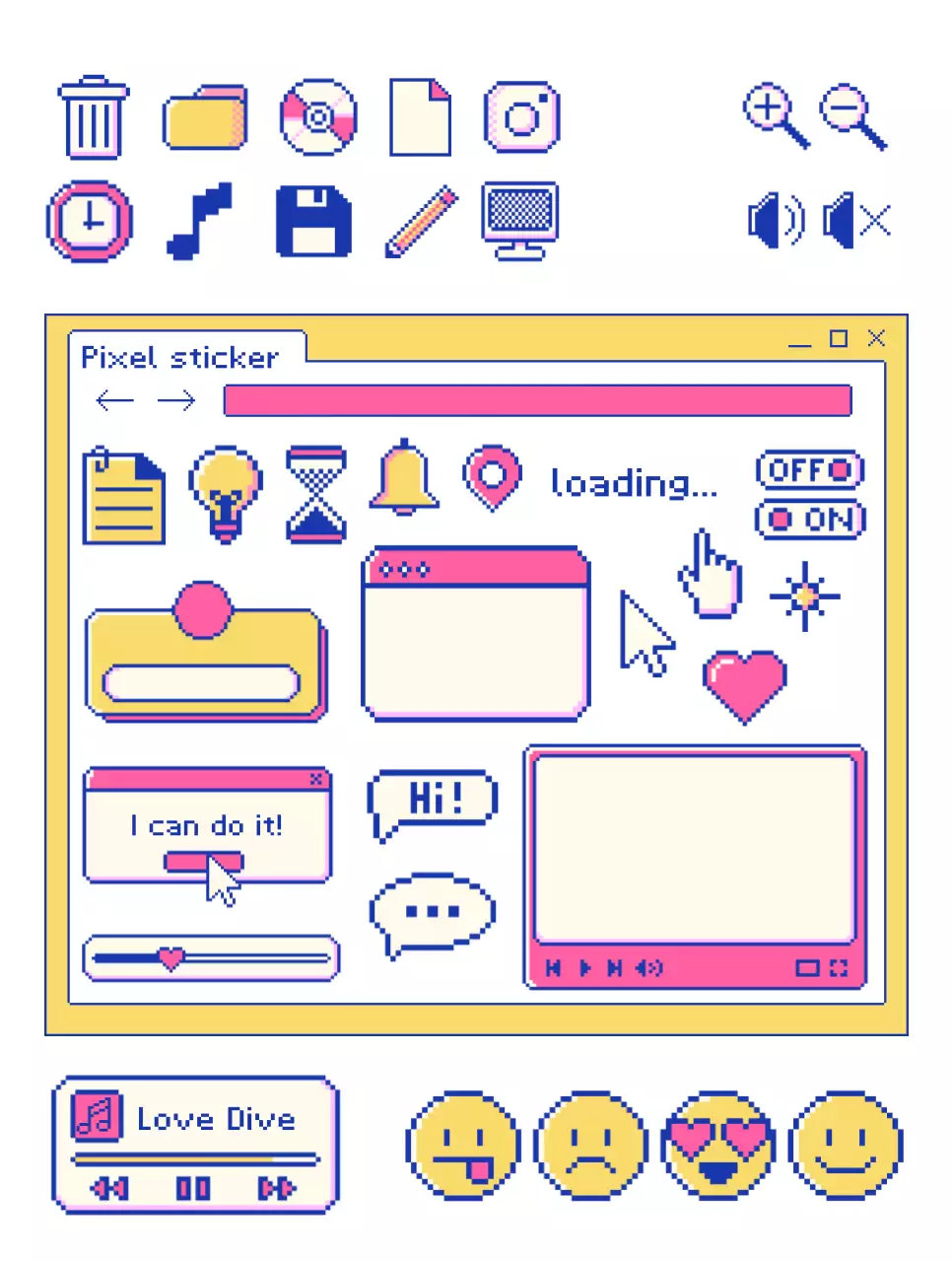 Computer screen-style elements with yellow and pink pixels