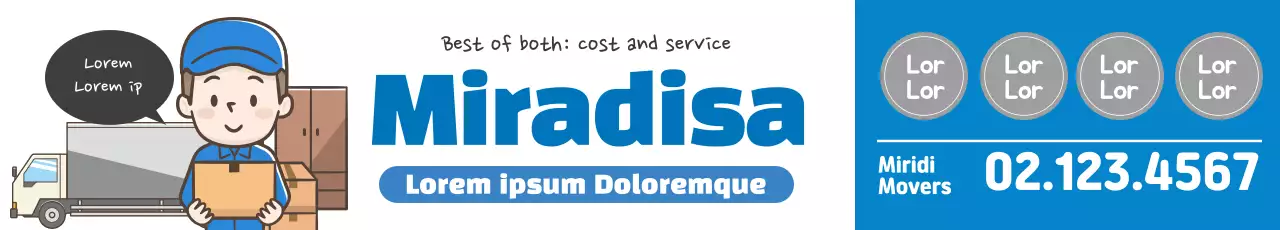 Ilustrasi berwarna biru yang mempromosikan jasa pindahan yang rapi