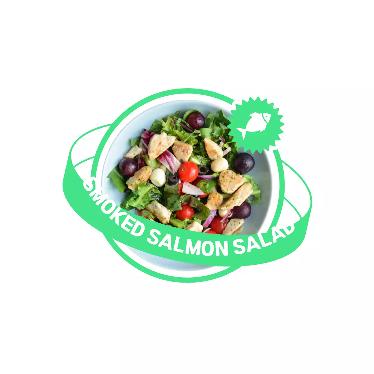 Panduan menu salad dengan desain planet yang trendi dalam warna-warna neon